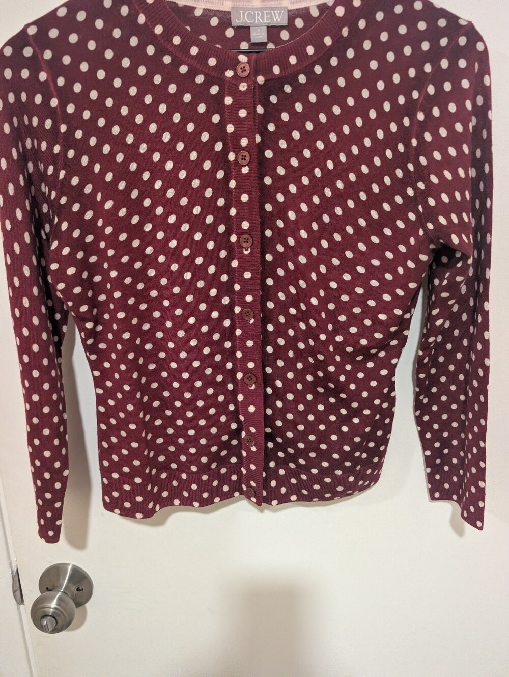JCrew NWOT Burgundy Carolyn Cardigan In Polka-Dot Merino Wool - Picture 7 of 15
